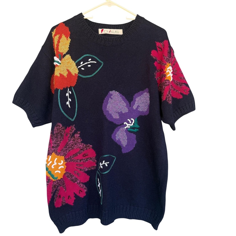 Chaus Sweater Tunic Womens Medium Navy Floral Embroidered Short Sleeve Knit